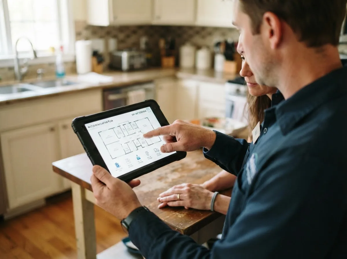 Water damage restoration technician inspecting a home in Spencerport, NY